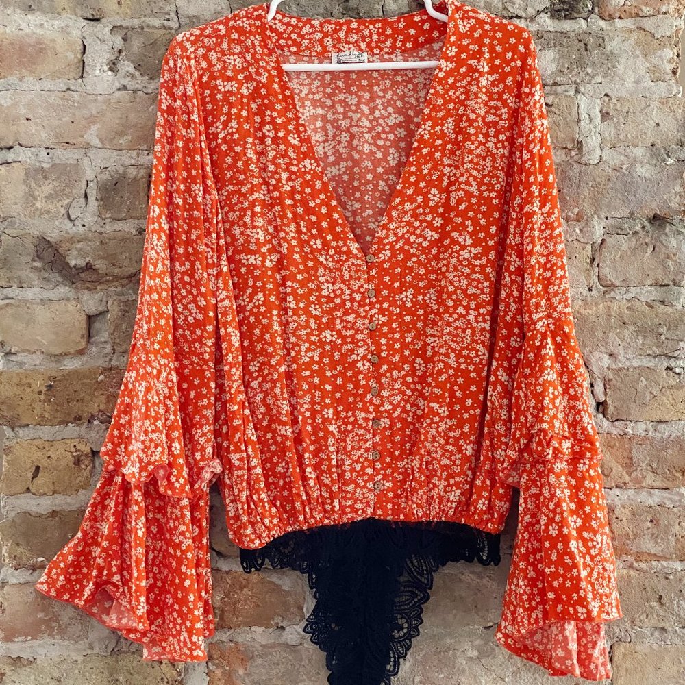 Free People Orange Floral Bodysuit